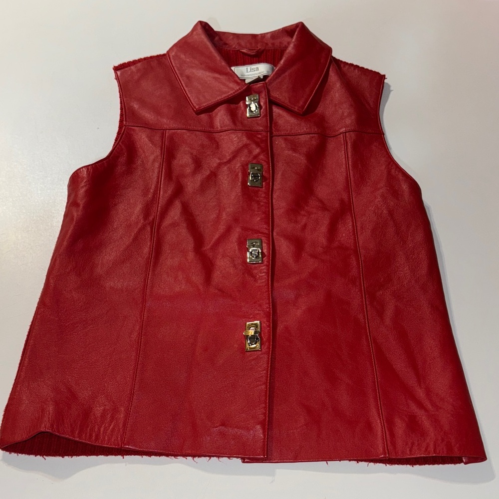 Vintage Lisa International Red Lambskin and Knit Red‎ Hot Vest w/ Silver Accents
